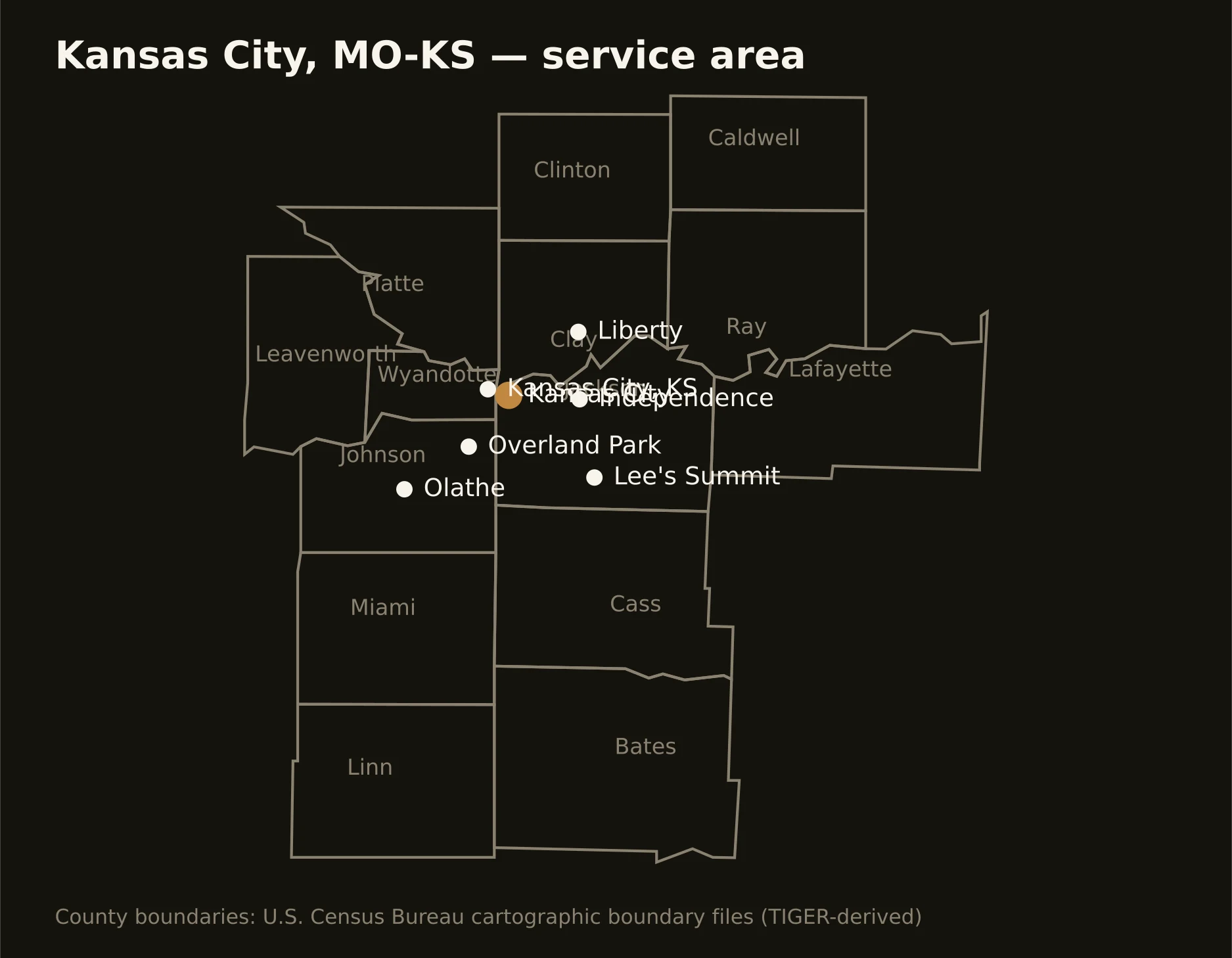 Kansas City, MO-KS directional drilling service area map — component counties and cities served